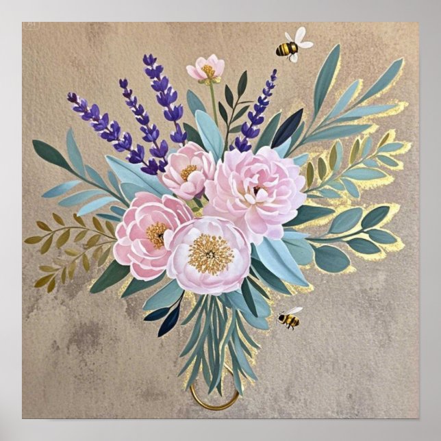 Bukett peonior lavendelblommor Rustik Poster (Framsidan)