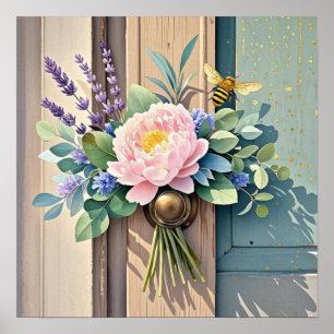 Bukett peonior lavendelblommor Rustik Poster