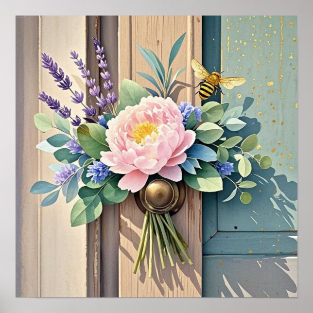 Bukett peonior lavendelblommor Rustik Poster (Framsidan)
