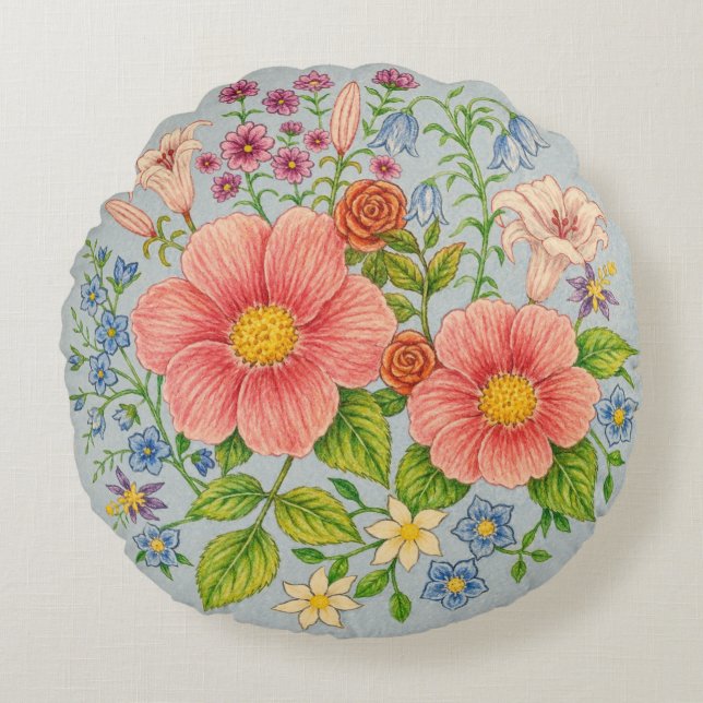Bukett vilda blommor rund kudde (Framsidan)