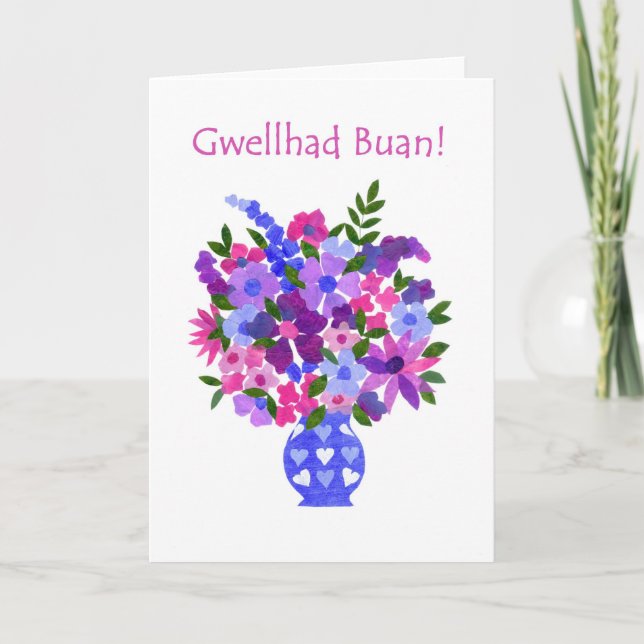 Buketten av blommor får det väl kortet - walesiskt kort (Framsida)
