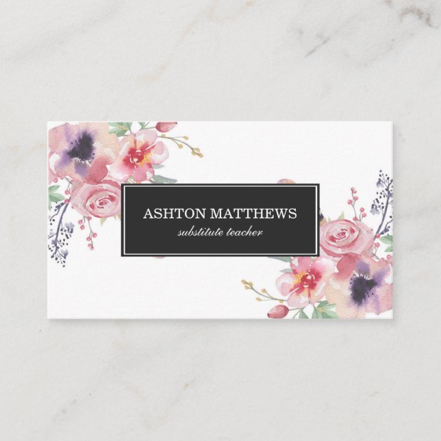 Buketter för Boho vattenfärgblommigt Visitkort (Framsida)