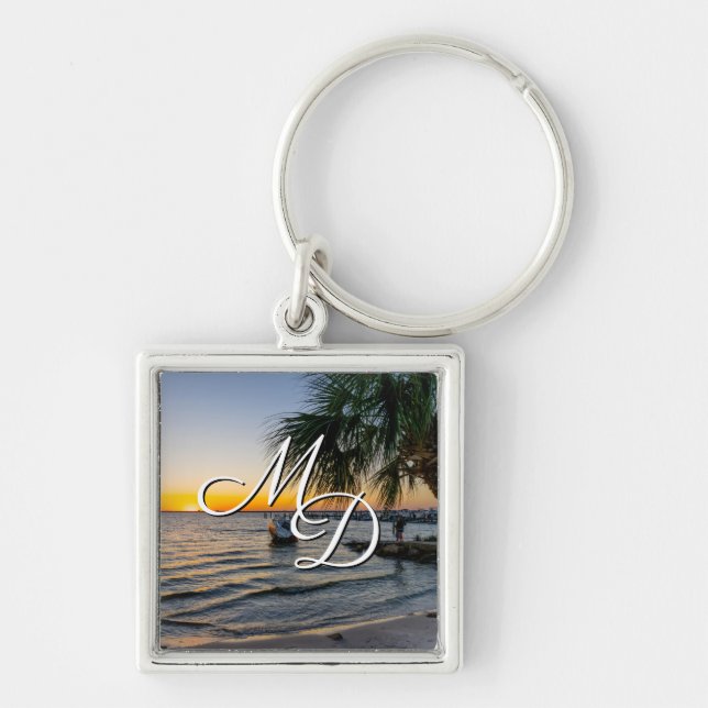 Bukt Breeze Florida Sunset Square Keychain Fyrkantig Silverfärgad Nyckelring (Framsidan)