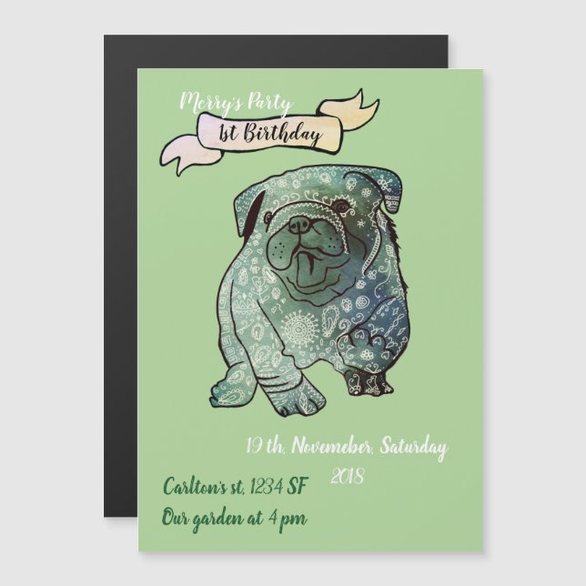 Buldog Puppy Birthday Investigation Fransk Bulldog Magnetisk Inbjudningskort (Fram/baksida)