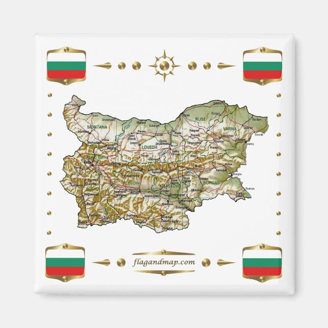 Bulgarien Karta + Flaggor Magnet (Framsidan)