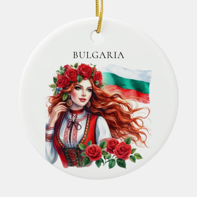 Bulgariska Flagga Tradition Folklore Woman Röd ros Julgransprydnad Keramik (Framsidan)