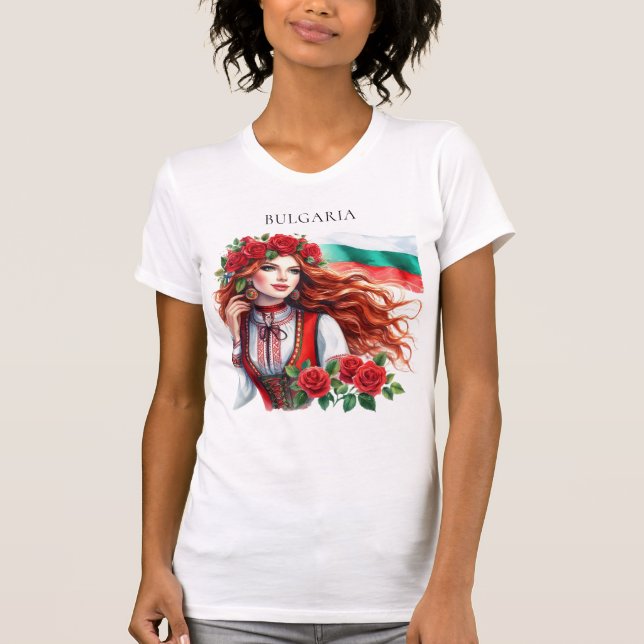 Bulgariska Flagga Tradition Folklore Woman Röd ros T Shirt (Framsida)