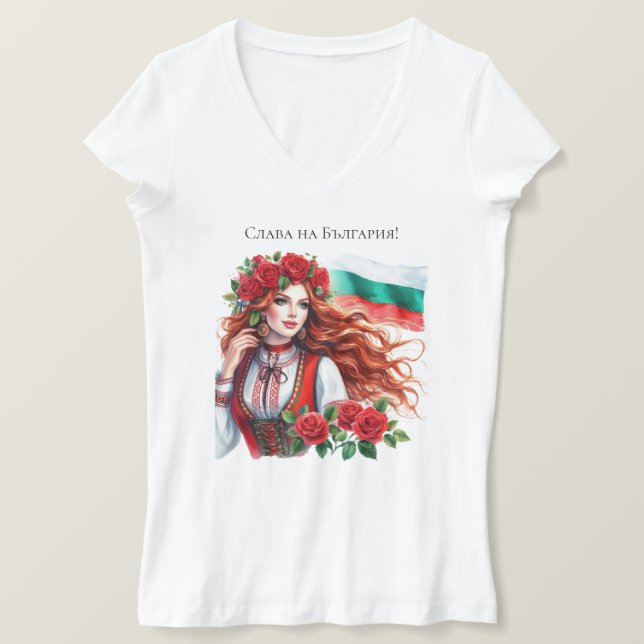 Bulgariska Flagga Tradition Folklore Woman Röd ros T Shirt (Design framsida)