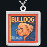 Bull Dog på en blå bakgrund Silverpläterat Halsband<br><div class="desc">En vintage låda-etikett som illustrerar en bulldog med en blå mönstrad bakgrund och en orange gräns. Välj den här teckningen på din Zazzle-produkt idag.</div>