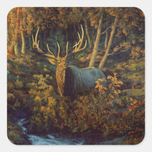 Bull Elk in Autumn Forest Fyrkantigt Klistermärke