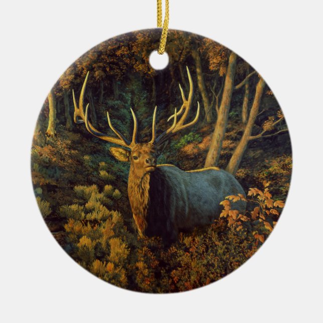 Bull Elk in Autumn Forest Julgransprydnad Keramik (Framsidan)