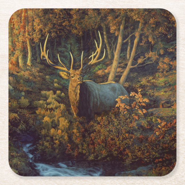 Bull Elk in Autumn Forest Underlägg Papper Kvadrat (Framsidan)