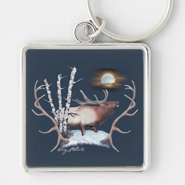 Bull Elk Keychain Fyrkantig Silverfärgad Nyckelring (Framsidan)