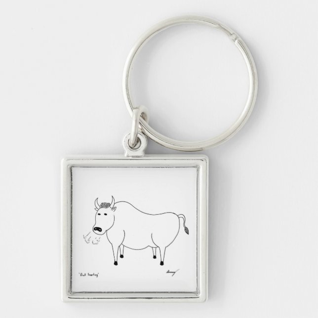 Bull Folk Art Keychain Fyrkantig Silverfärgad Nyckelring (Framsidan)