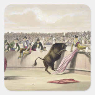 Bull Leaping the Barriers, 1865 (färg litho) Fyrkantigt Klistermärke