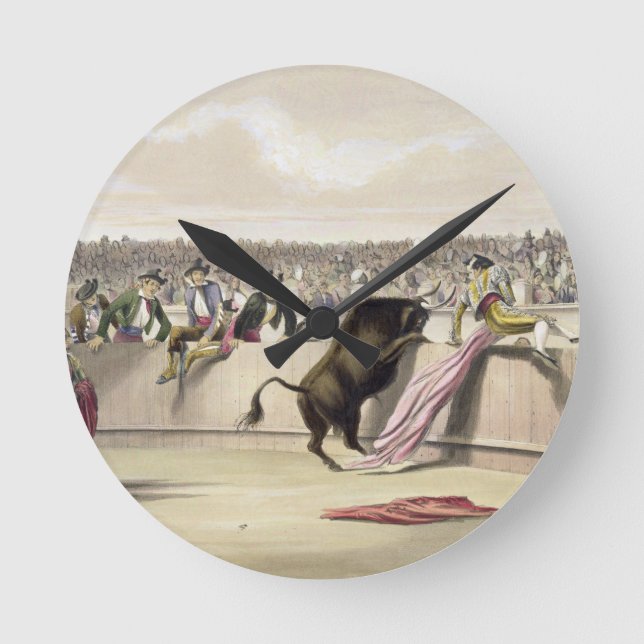 Bull Leaping the Barriers, 1865 (färg litho) Rund Klocka (Framsida)