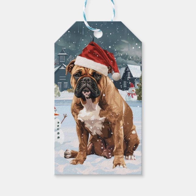 Bull Mastiff Hund Winter Wonderland jul Joy Presentetikett (Framsidan)