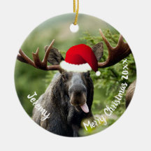 Bull Moose i Santa Hat Ceramic Ornament