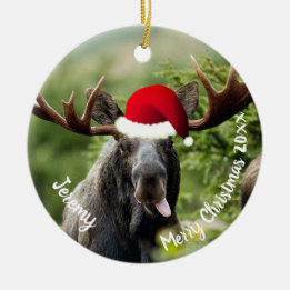 Bull Moose i Santa Hat Ceramic Ornament