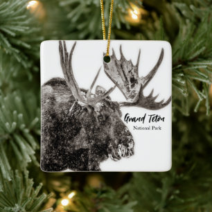 Bull Moose i Snö Grand Teton Julgransprydnad Keramik