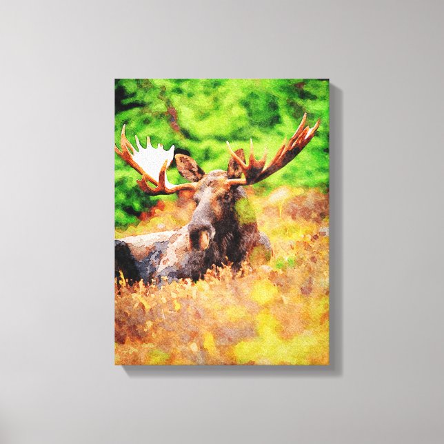Bull Moose Lay Down Watercolor Paint Wildlife Canvastryck (Framsida)