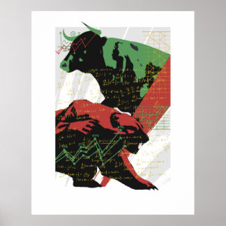 Bull och björn, handel, handlare och aktier poster