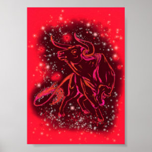 Bull Poster vid Red Starry Natt