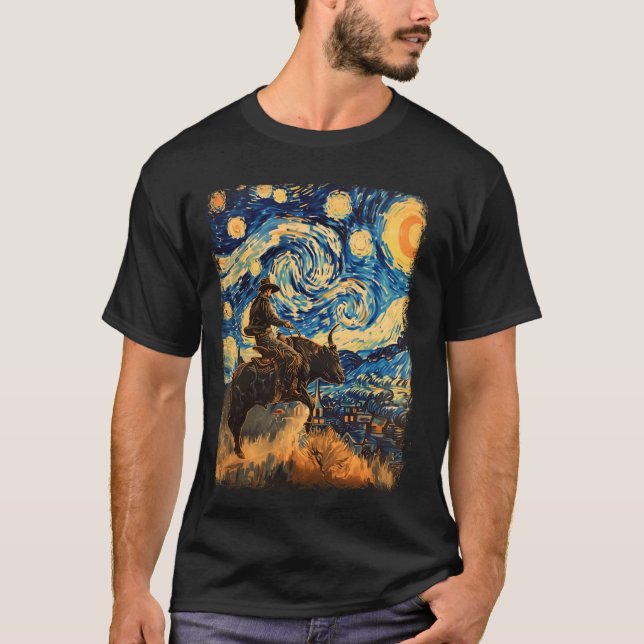 Bull Rider Bull Riding Cowboy Starry Night Paintin T Shirt (Framsida)