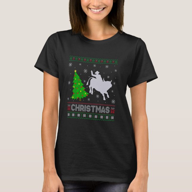 Bull Riding Julafton Träd Lighting Ugly jul Swea T Shirt (Framsida)