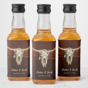 Bull Skull Bröllop Rustic Brown Land Western Spritflaskor Etikett