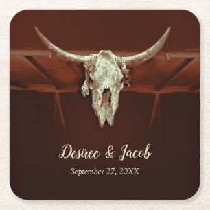 Bull Skull Bröllop Rustic Brown Land Western Underlägg Papper Kvadrat