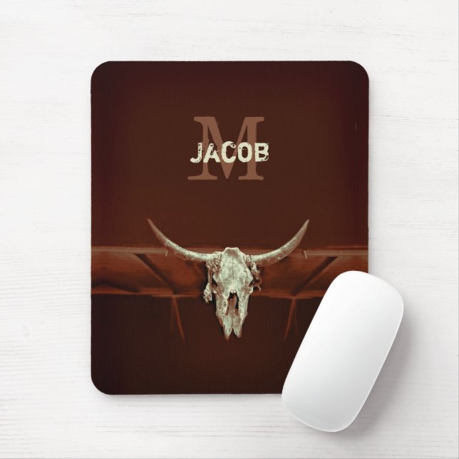 Bull Skull Brown Monogram Rustic Westernare Land Musmatta (Med mus)