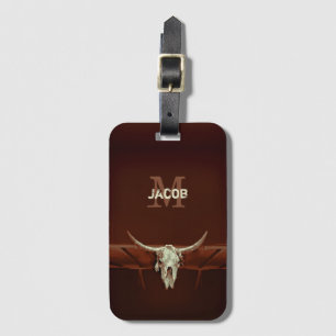 Bull Skull Brown Monogram Westernare Rustic Land Bagagebricka