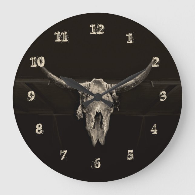 Bull Skull Brown Westerna Stil Coola Rustic Vintag Stor Klocka (Framsida)