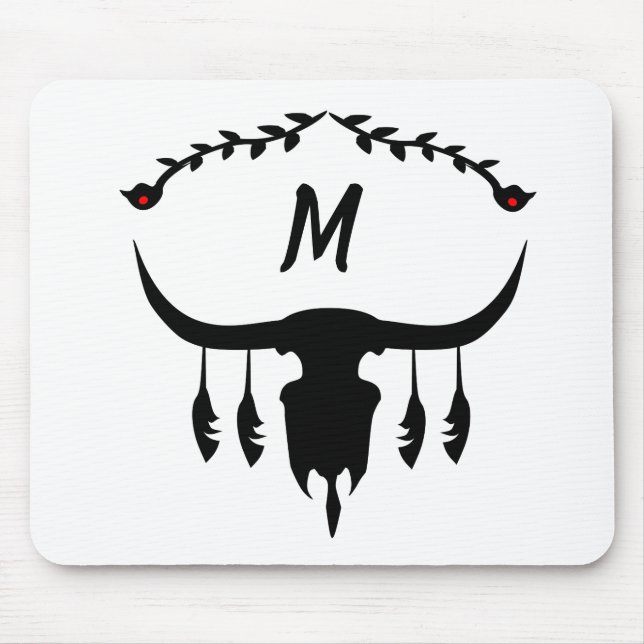 Bull Skull med Black Feathers Silhouette Musmatta (Framsidan)