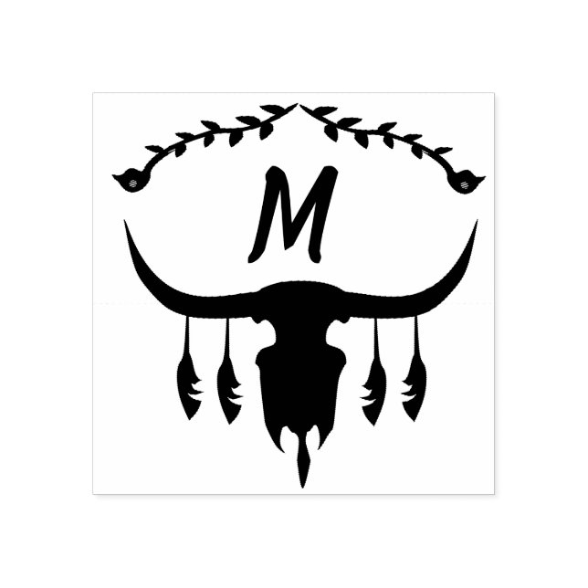 Bull Skull med Black Feathers Silhouette Stämpel (Tryck)