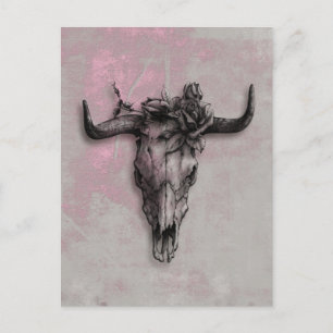 Bull Skull och Ro och Grått Rosa Abstrakt Art. Vykort