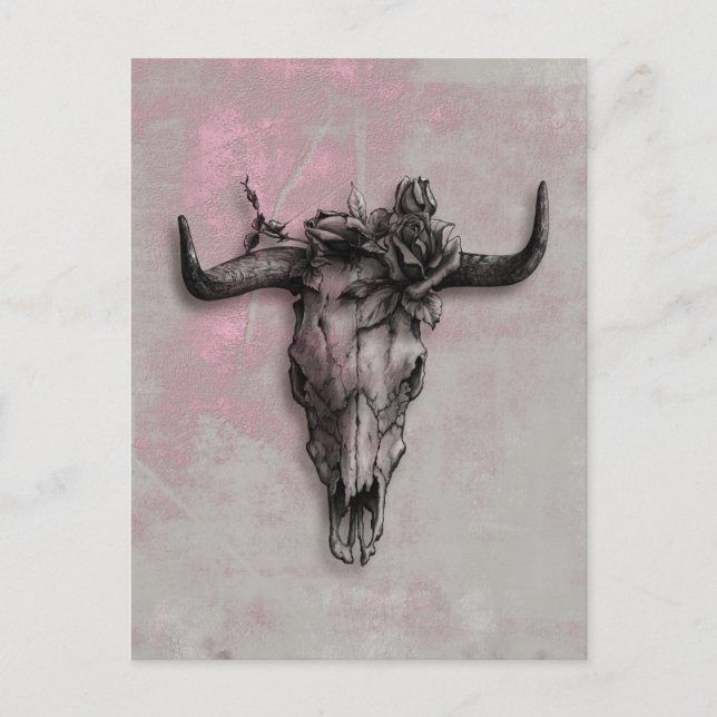 Bull Skull och Ro och Grått Rosa Abstrakt Art. Vykort (Framsida)