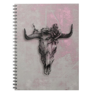 Bull Skull och Ro Rustic Rosa Grått Anteckningsbok