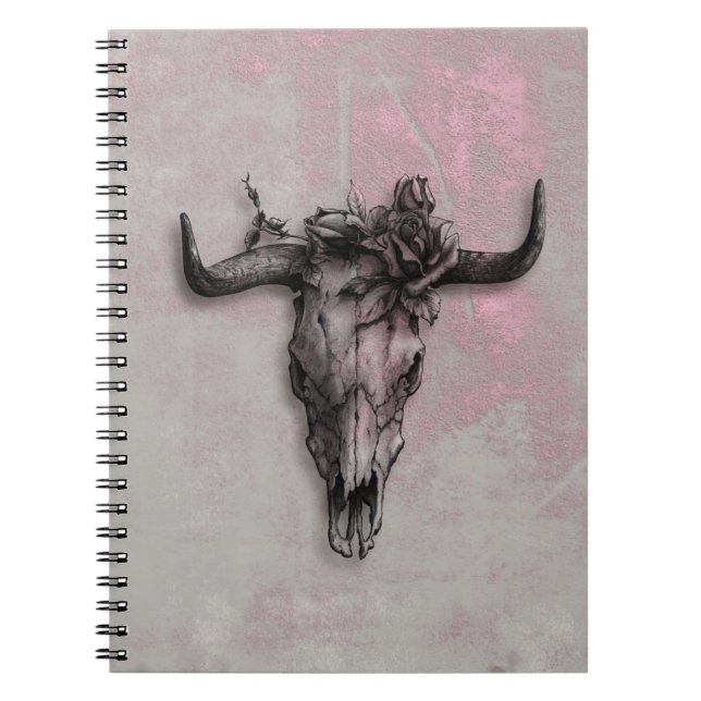 Bull Skull och Ro Rustic Rosa Grått Anteckningsbok (Framsidan)