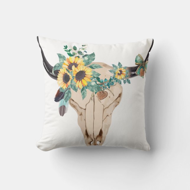 Bull Skull Sunflowers Kudde (Framsida)