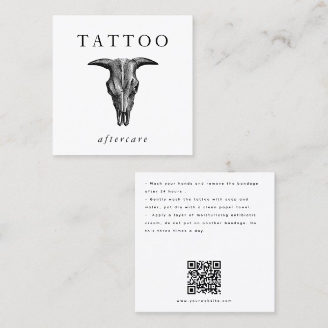 Bull Skull Tattoo Aftercare Instructions QR Code Fyrkantigt Visitkort (Fram/baksida)