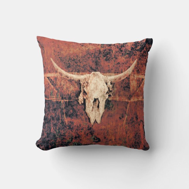Bull Skull Western Land Brown Black Rustic Art Kudde (Framsida)