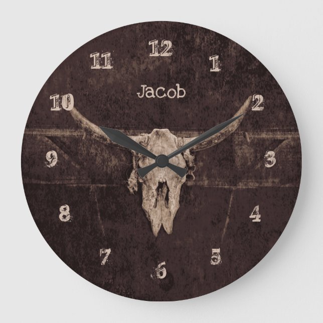 Bull Skull Westerna Land Brown Beige Old Rustic Stor Klocka (Framsida)