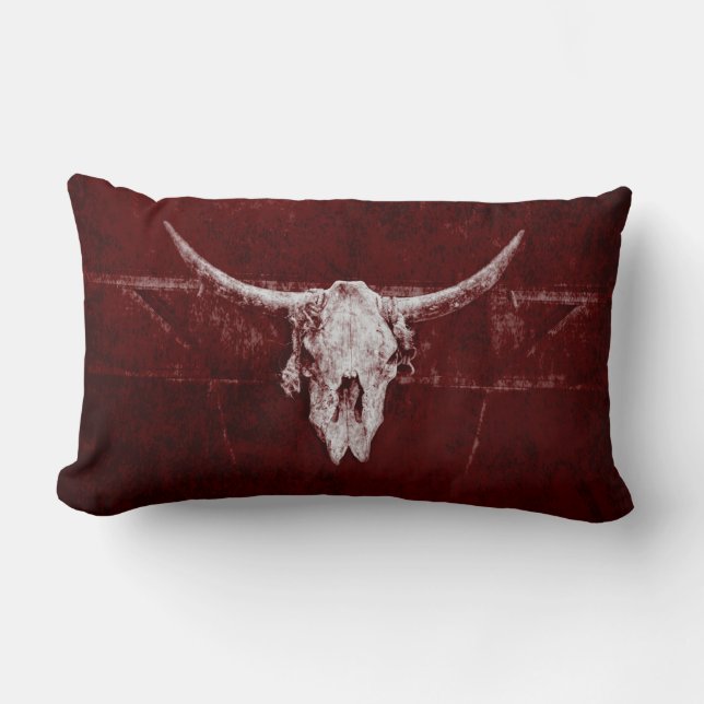 Bull Skull Westerna Land Burgundy Red Old Rustic Lumbarkudde (Framsida)