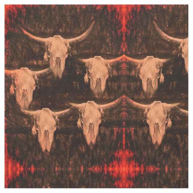 Bull Skull Westernare Land Brown Red Rustic Tyg (Närbild)
