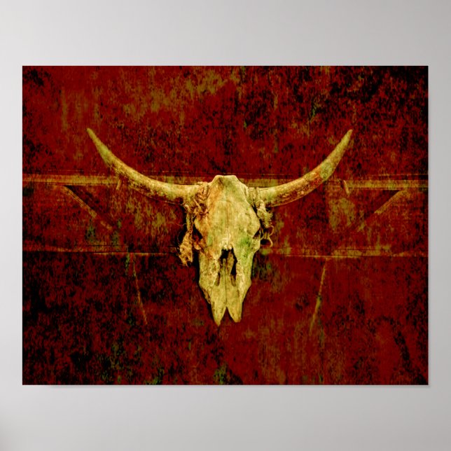 Bull Skull Westernare Land Brown Rustic Grunge Art Poster (Framsidan)