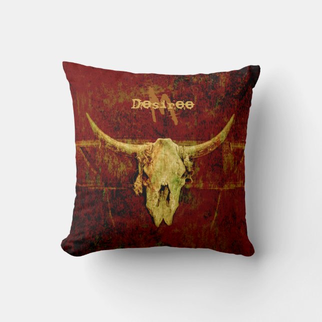 Bull Skull Westernare Land Brown Rustic Monogram Kudde (Framsida)