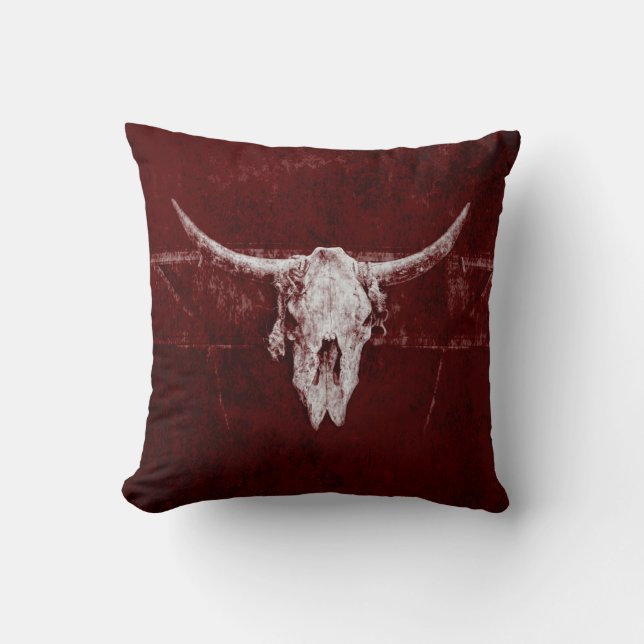 Bull Skull Westernare Land Burgundy Red Rustic Kudde (Framsida)