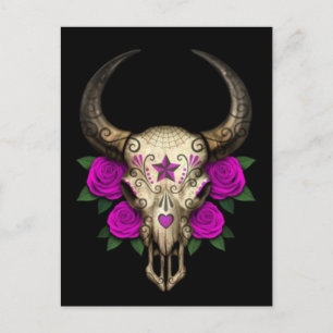 Bull Sugar Skull med Lila Rosor på Black Vykort